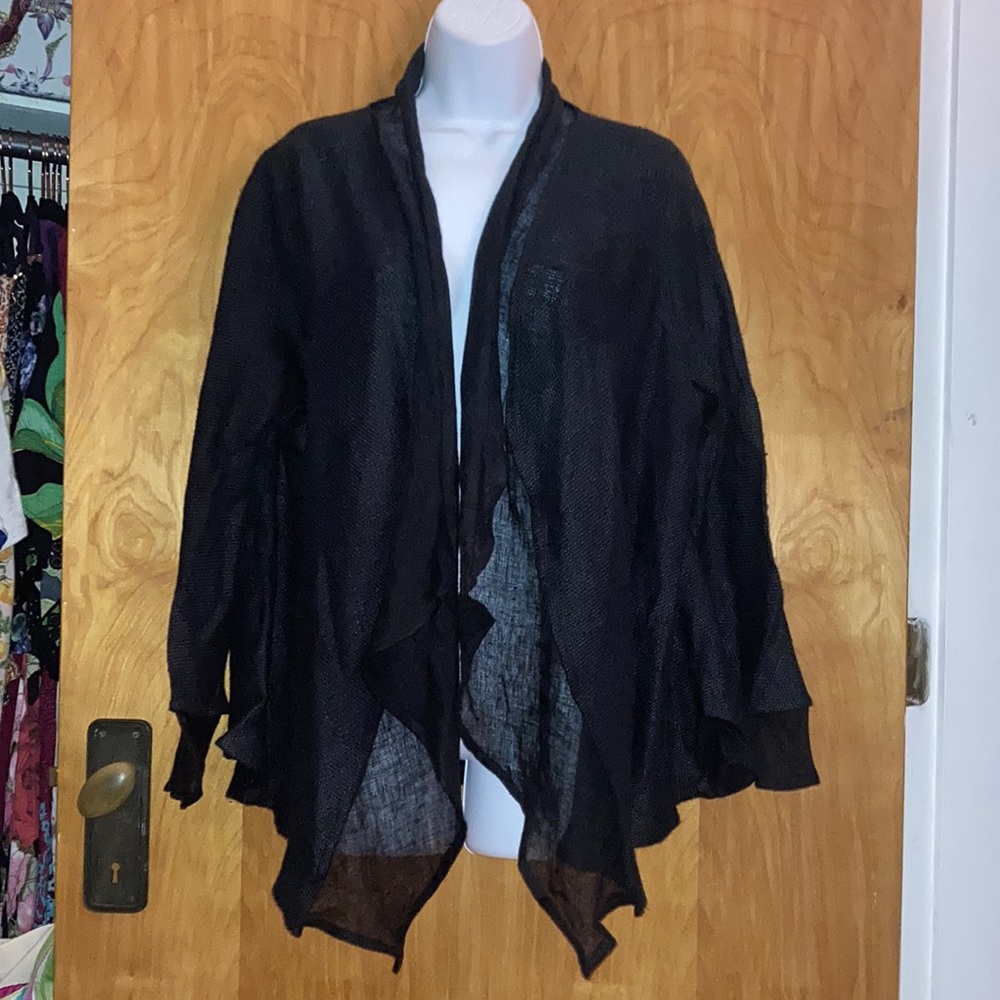 lili %100 Linen Black Waterfall Open Jacket - Size M